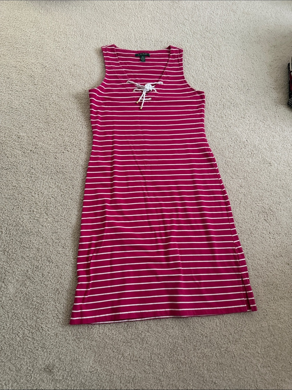 Ralph Lauren Fuchsia & White Striped Lace-Up Midi Dress